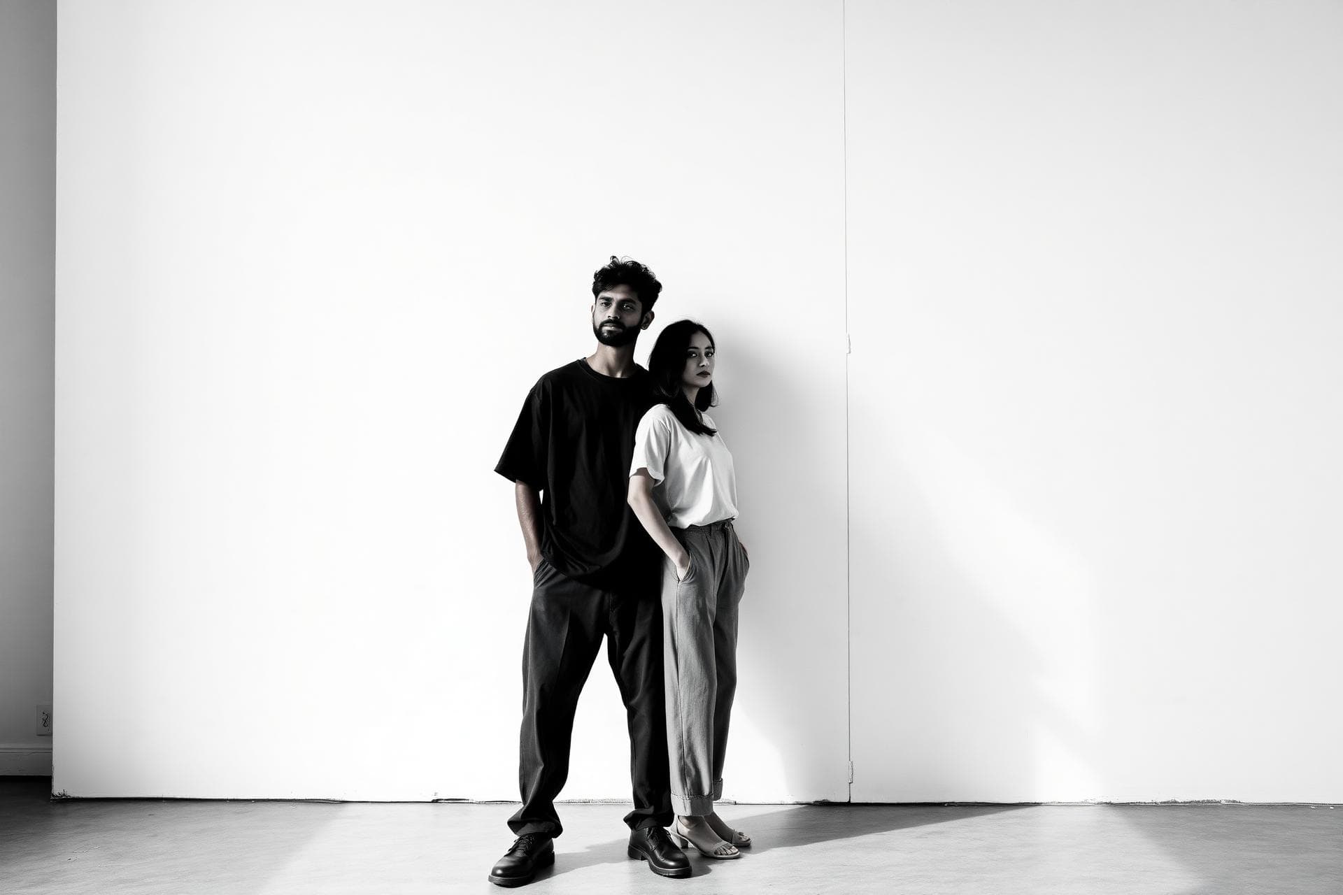 A couple wearing Wear Casualz essentials in a bright studio